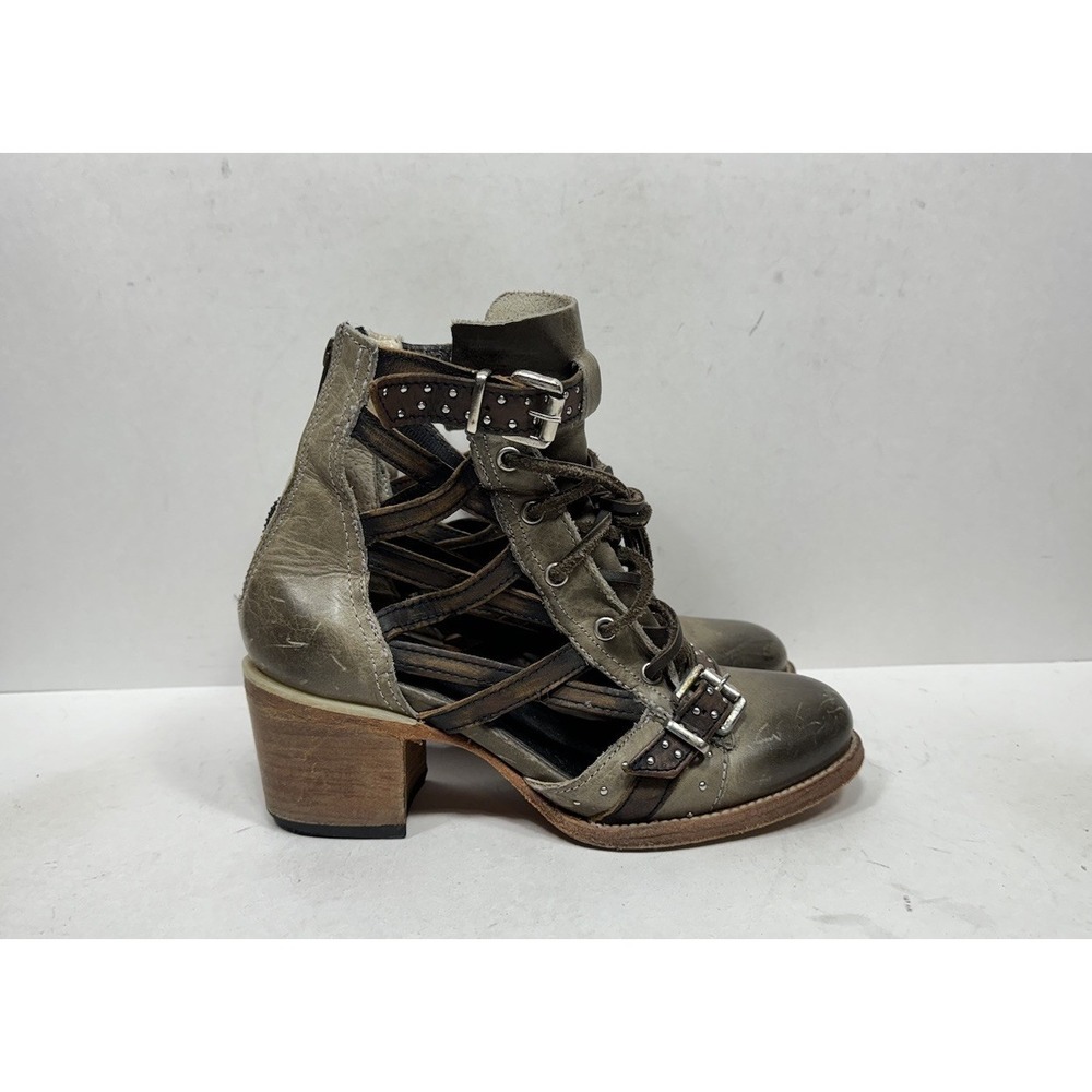 Freebird By‎ Steven Cheyenne Booties Women's 8 Gray Brown Leather Strappy Heel